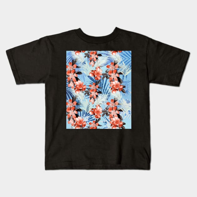 Palm Leaves And Flowers, Red Blue Kids T-Shirt by Random Galaxy